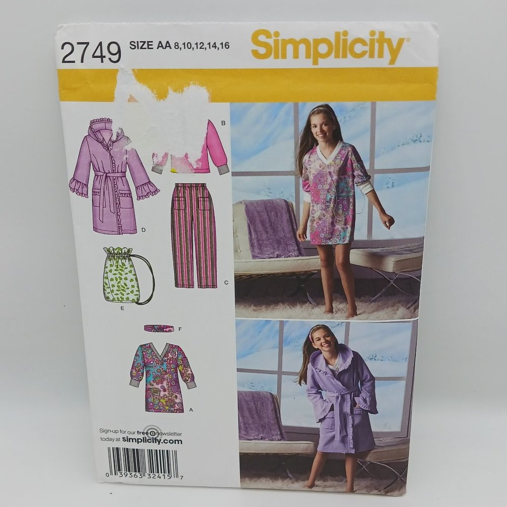Simplicity Sewing Pattern 2749 Girls Pants Robe Bag Tunic Top Size 8 10 12 14 16
